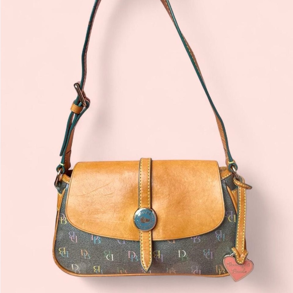 Y2K Dooney & Bourke Leather Rainbow Monogram Shoulder Bag Purse with Heart Charm